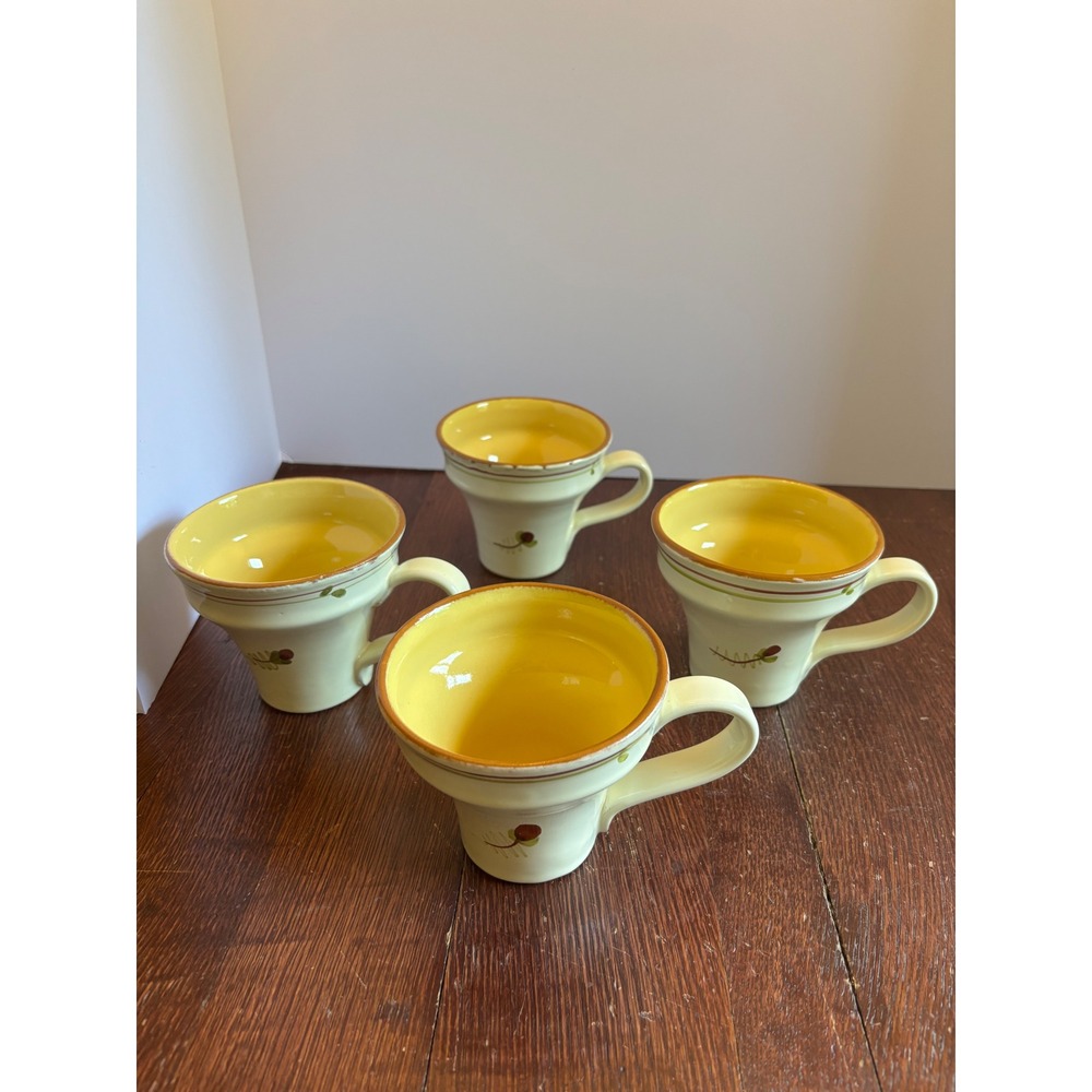 Vietri Italy Stoneware Mugs Set of 4 Yellow Cream Botanical Hand Painted 4in